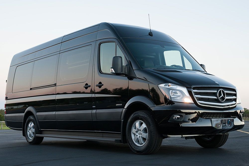 Black Mercedes-Benz Sprinter van parked on a paved surface, with clear sky in the background.